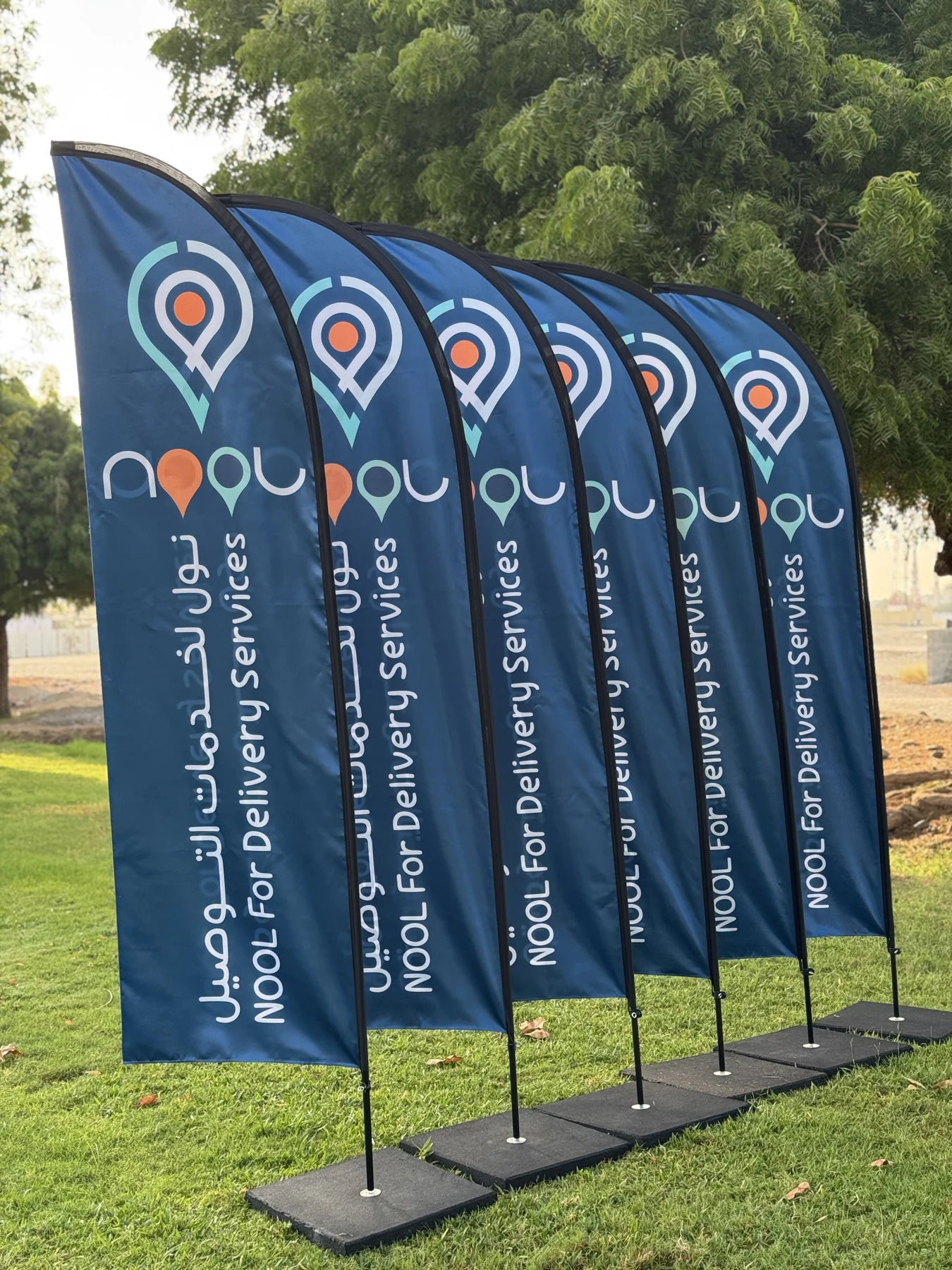 Blue NOOL delivery service feather flags in a row