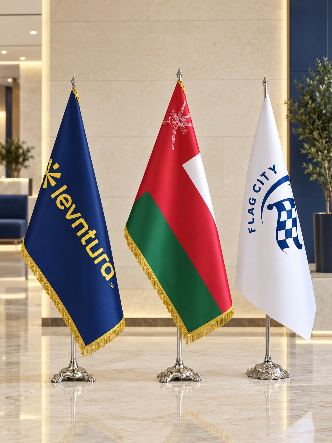 Three ceremonial floor flags with gold fringe